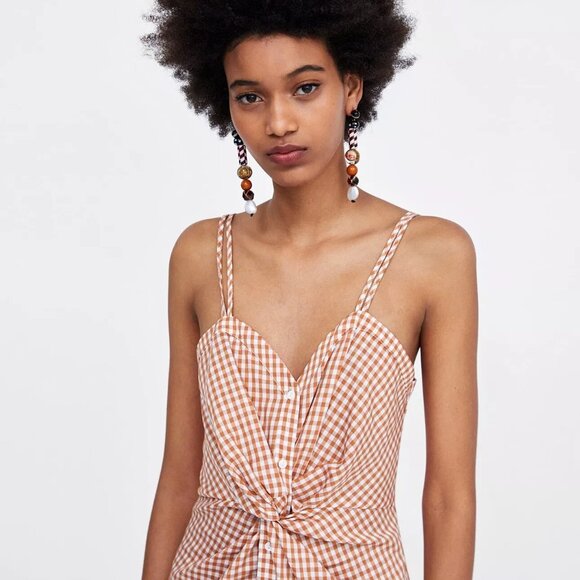 Zara Dresses & Skirts - ZARA CHECKERED DRESS WITH KNOT DETAIL V NECK SIZE L NEW WITH TAGS